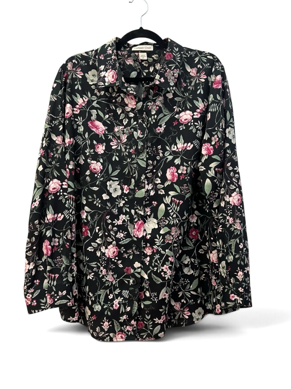 Coldwater Creek 100% Cotton Black & Pink Botanical Floral Button-Front Blouse 2X
